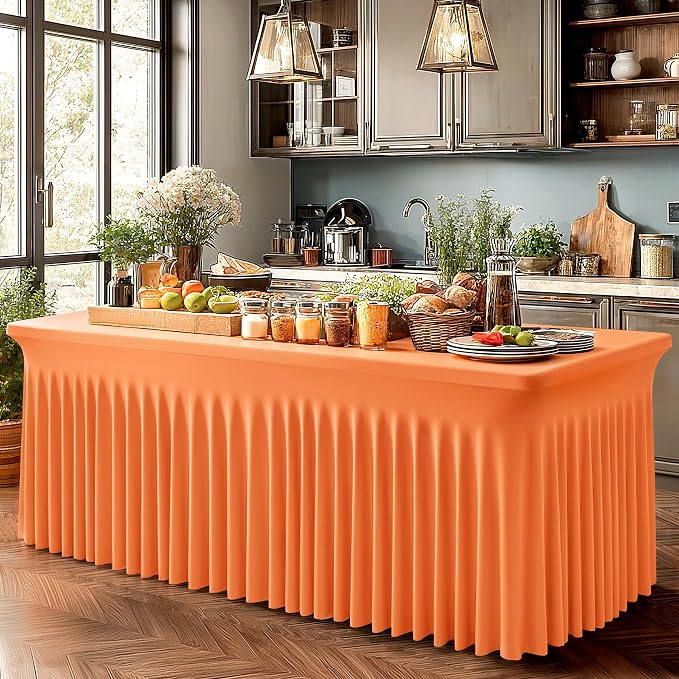 Wish Care 6 Pack Orange Spandex Table Clothes for 8 Foot Rectangle Tables, 8FT Wrinkle Free Fitted Tablecloths Ruffles Design Table Cover for Party, Banquet, Wedding and Events - Image 7