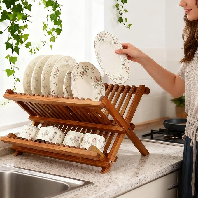 Utoplike Teak Wood Dish Drying Rack, Foldable Plate Organizer Countertop - Image 2