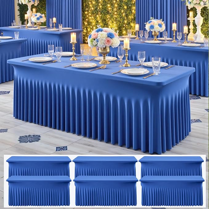 NSSONBEN 6 pk Royal Blue Spandex Tablecloths 6ft, Wrinkle Free High Stretch Fitted Table Cloths for 6 Foot Rectangle Tables, Ruffle Skirt Spandex Table Covers 6ft for Party Wedding Banquet by ENJOYYOURPARTY
