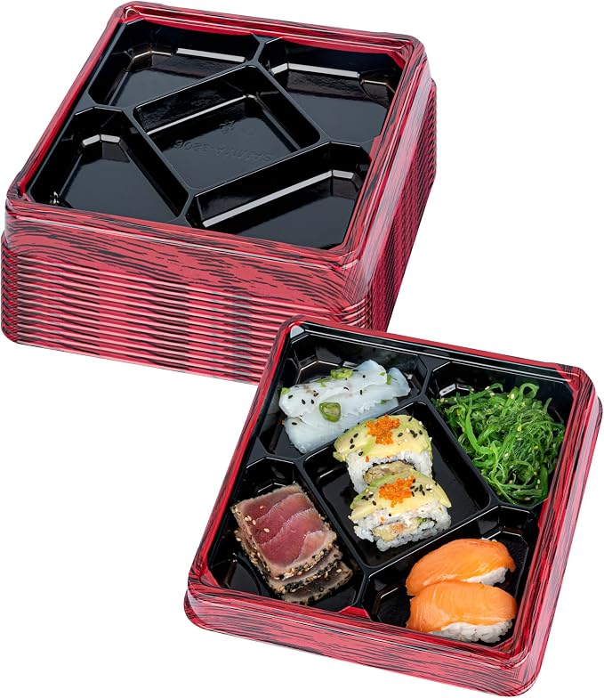 Restaurantware Bento Tek 18.6 Ounce Meal Prep Containers, 100 Disposable To Go Food Boxes - Lids Sold Separately, 5 Compartments, Red And Black Plastic Bento Lunch Boxes, Freezable, For Take Out by Restaurantware