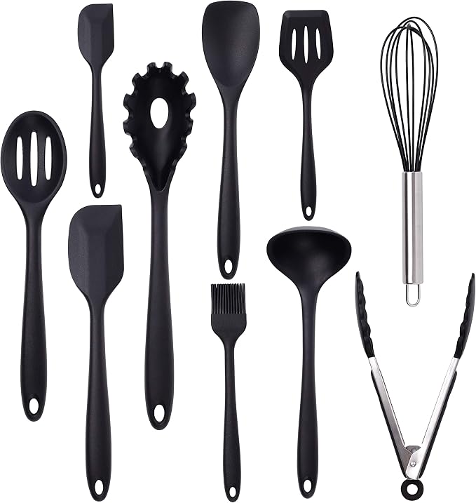 Silicone Kitchen Utensils 10 Piece Cooking Utensil Set, Made of FDA Grade, BPA Free Silicone, Heat Resistant up to 450 Degrees Fahrenheit, Non Stick Stain & Ordor Resistant, Dishwasher Safe - Black - Image 6