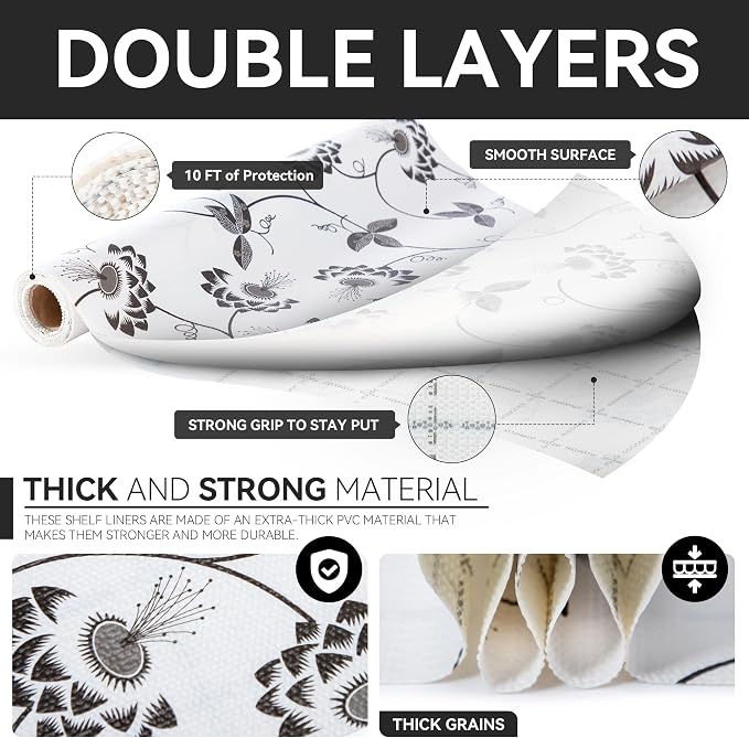 Shelf Liner 12In x 10FT Non Adhesive Pantry Liner Black White Floral Leaves - Image 7