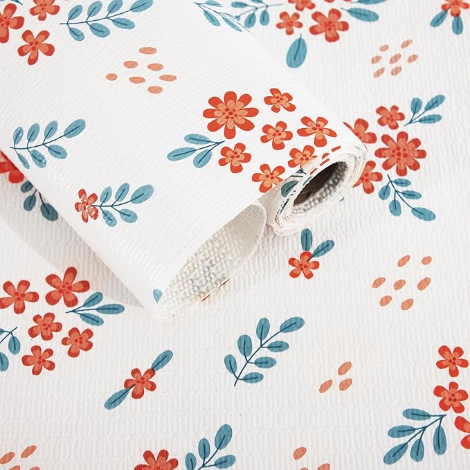 RAY STAR 18 Inch x 8 Ft Shelf Liner for Kitchen Cabinets, Non-Adhesive Cabinet Liner Washable, Drawer Liner for Dresser Non-Slip Bathroom [White Red Floral](3 Rolls) by RAYSTAR