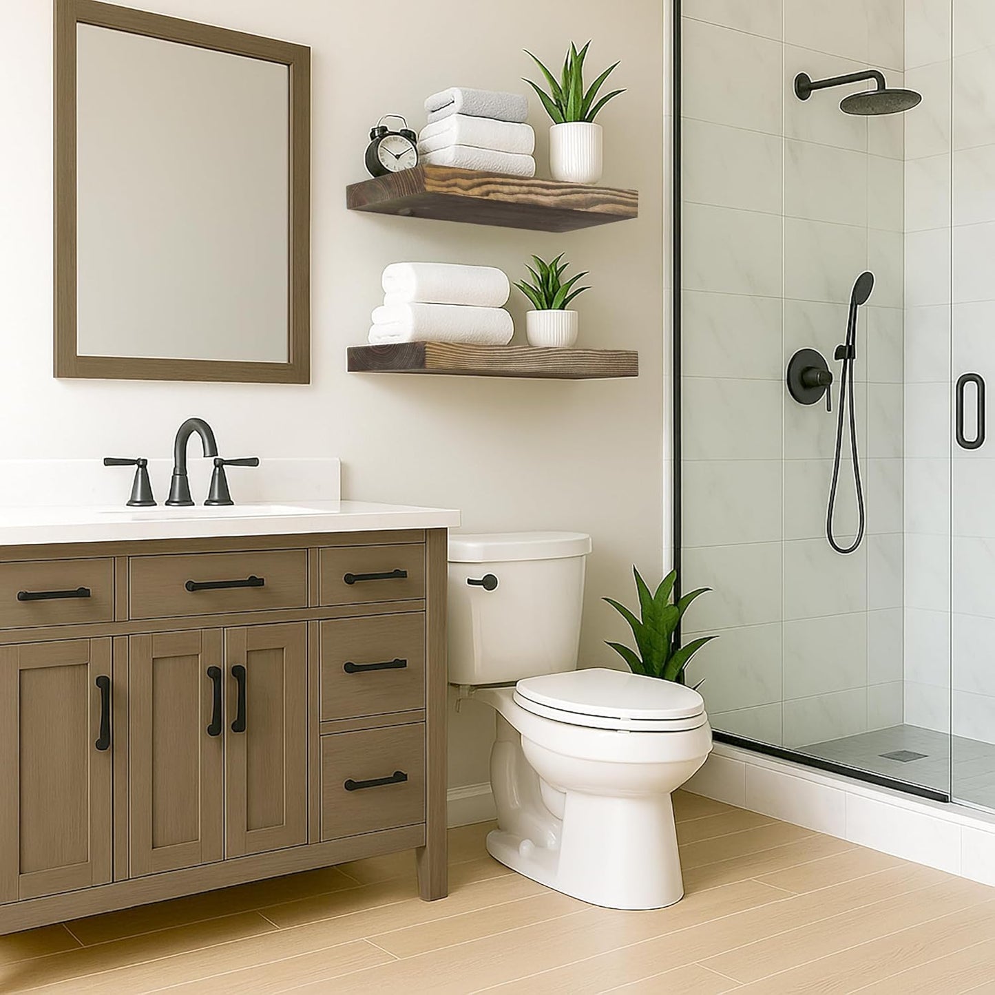 Rustic Floating Shelves 24 inch Long 8 inch deep Set of 2, Solid Wood Wall Shelves for Bathroom Living Room Kitchen,Book Shelf for Wall, Wall Mounted Shelves with Hidden Bracket- Walnut