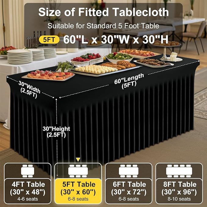Smiry Spandex Tablecloth 6 Pack, Elastic Fitted Stretch Tablecloth for 6FT Rectangle Tables, Waterproof Washable Table Cover Skirt for Wedding, Banquet & Parties (Black, 60Lx30Wx30H Inch) - Image 4