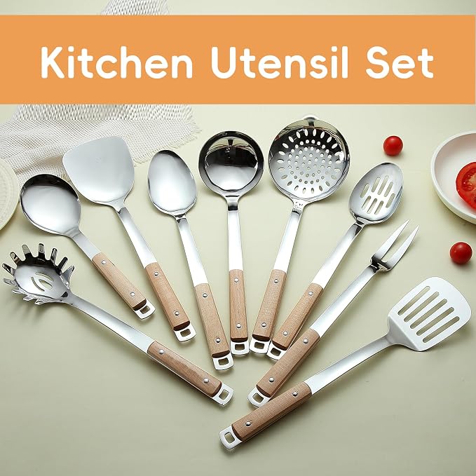 9pcs Cooking Utensils Set 304 Stainless Steel Kitchen Utensils with Wooden Hanlde Metal Kitchen Utensils Soup Ladle Set Dishwasher Safe Kitchen Essentials Set Kitchen Tool Set, Dishwasher Safe - Image 4