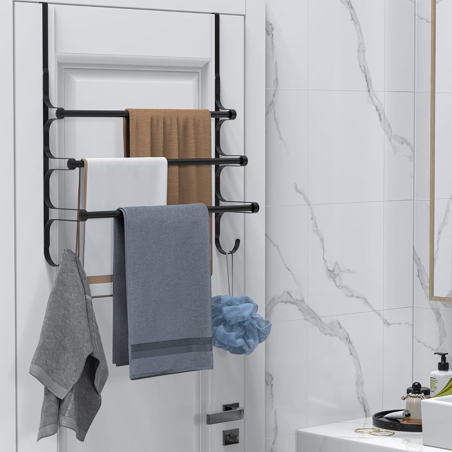 Over The Door Towel Rack, Triple Towel Storage Holder with Hooks, 24.02 Inches Towel Bar Hanger Towel Racks for Bathroom (Black)