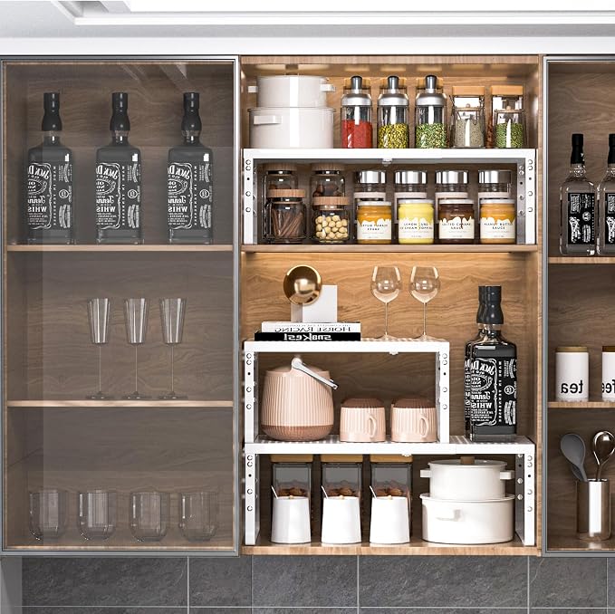 Cabinet Shelf,Expandable Adjustable Stackable Kitchen Organizer,for cabinets, Kitchens, countertops, bathrooms Shelf Organizer(3Packs/White,Large) - Image 8