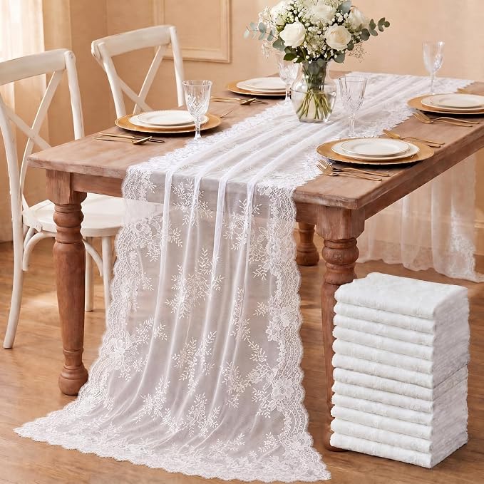 Remagr 12 Pcs White Lace Table Runner 30 x 120 Inch Vintage Rustic Boho Table Runners Embroidered Floral Lace Decor for Wedding Party Bridal Shower Baby Shower by Remagr