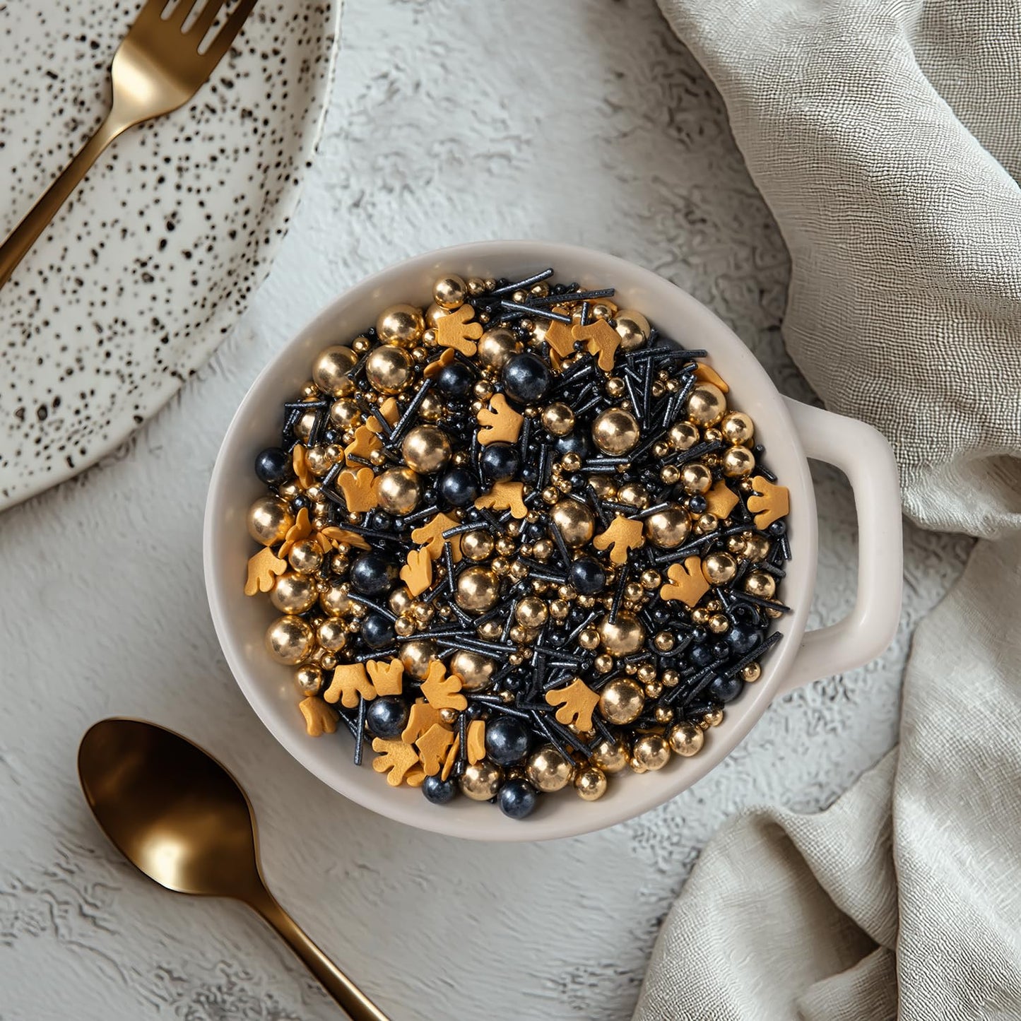 Royal Crown Black and Gold Sprinkles for Cake Decorating 4.23ounce - Sugar Mix Contains Jimmies & Pearl Sprinkles for Cupcake Toppers, Ice Cream, Candy, Cookie Decorations - Holiday Party Supplies