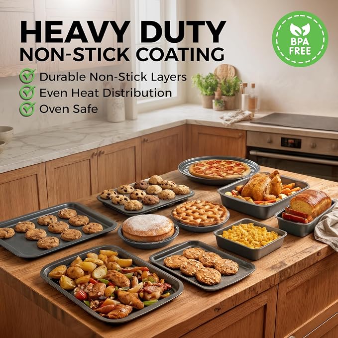 PERLLI Non-Stick 10-Piece Bakeware Set – Carbon Steel with Even Heat Distribution, Oven Safe to 446°F, BPA-Free, Dishwasher Safe, Stackable Baking Tools for Easy Storage and Everyday Cooking - Gray - Image 3