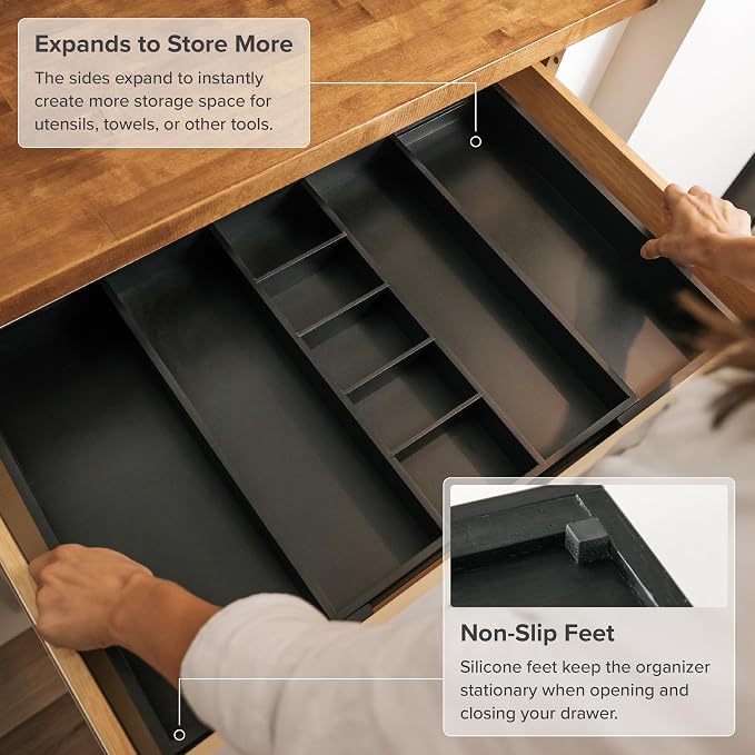 KitchenEdge Utensil & Junk Drawer Organizer, 16-28 in, Black Bamboo | Food-safe contract grade, 100% sustainable wood, non-slip, adjustable - Image 6