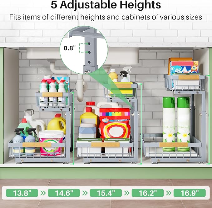 Kitstorack Under Sink Organizer, 2 Tier Under the Sink Storage, Slide out Pull out Cabinet Organizer Shelf, Metal Sliding Drawer for Kitchen Bathroom Pantry Closet Organization Rack, Grey, 2 Pack - Image 7