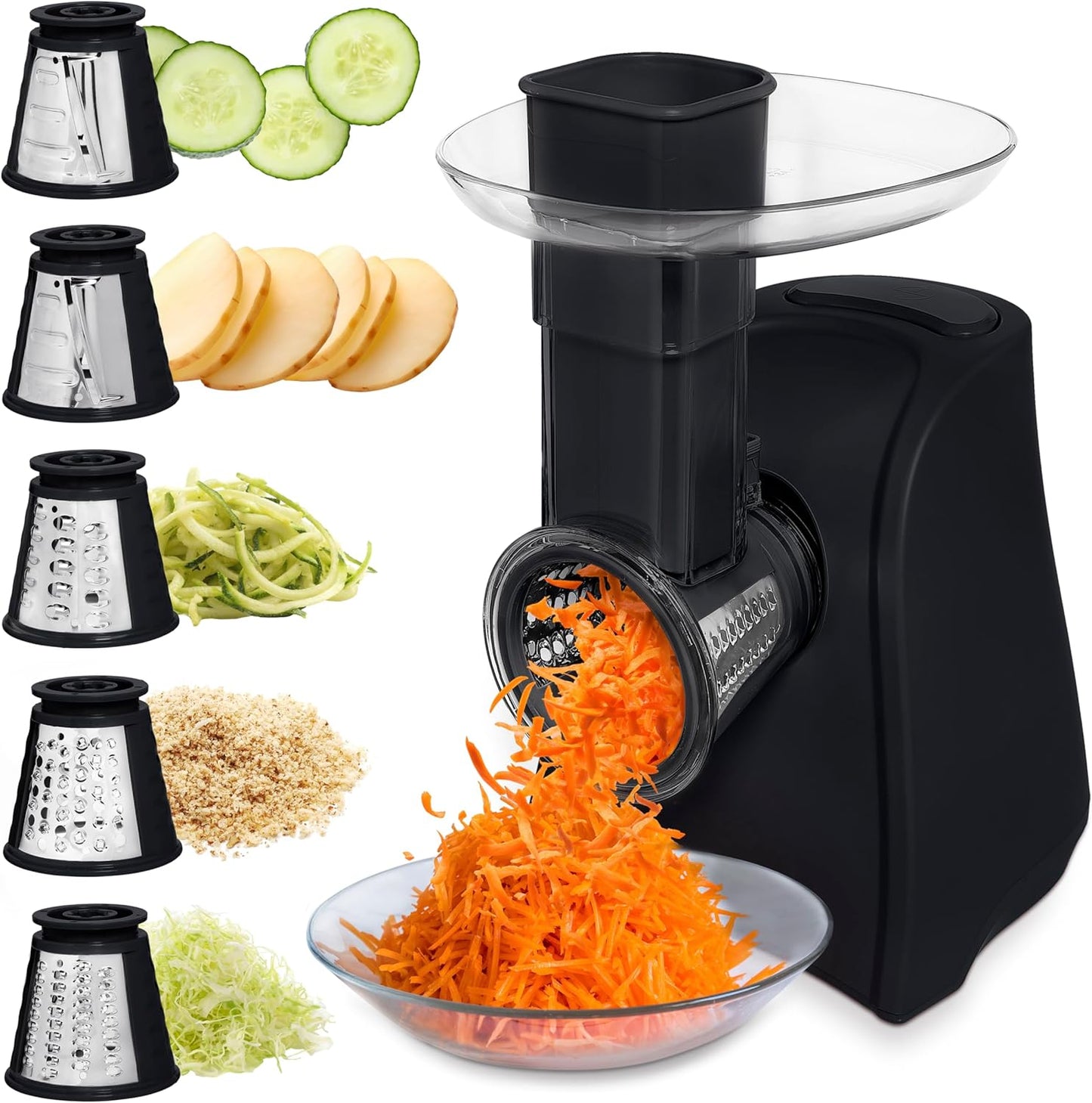 COOK WITH COLOR 5-in-1 Electric Slicer, 150W Food Prep Machine – Cheese Shredder, Fine & Coarse Graters, Potato Grater, Vegetable Slicer, Fruit, Salad Shooter, Compact Design for Bowl Prep, Black