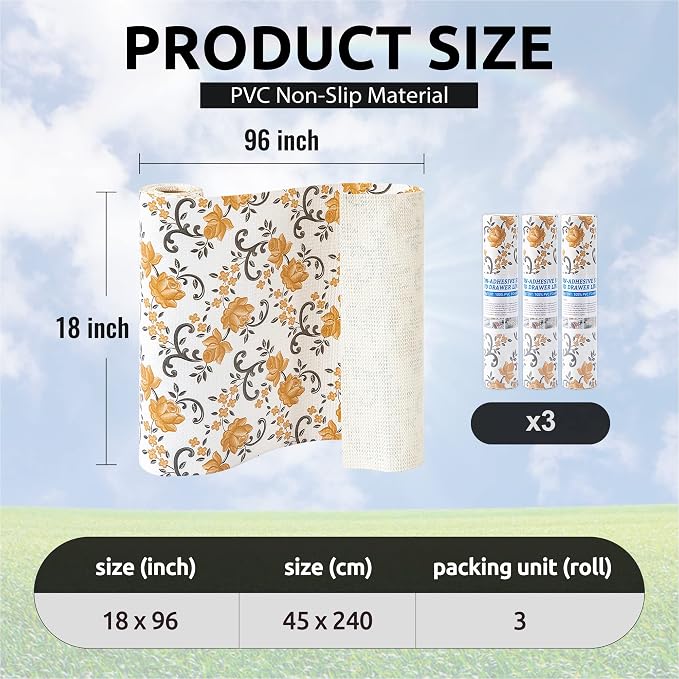 FIFTY FEET 18X96 Inch Shelf Liner for Kitchen Cabinets, PVC Drawer Liner for Dresser Non-Slip Bathroom, Non-Adhesive Cabinet Liner Washable (Yellow Floral)(3 Roll) - Image 3