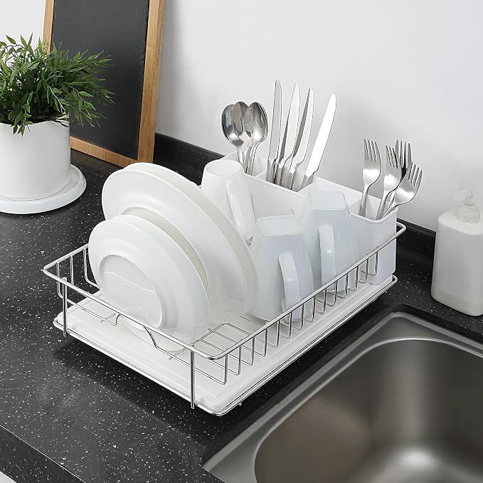 SunnyPoint 304 Stainless Steel Compact Dish Drying Rack, 15.3"x11.6", Diatomaceous Earth Drainboard, Removable Utensil Caddy, Space-Saving Countertop Design (Silvery-Grey) - Image 2