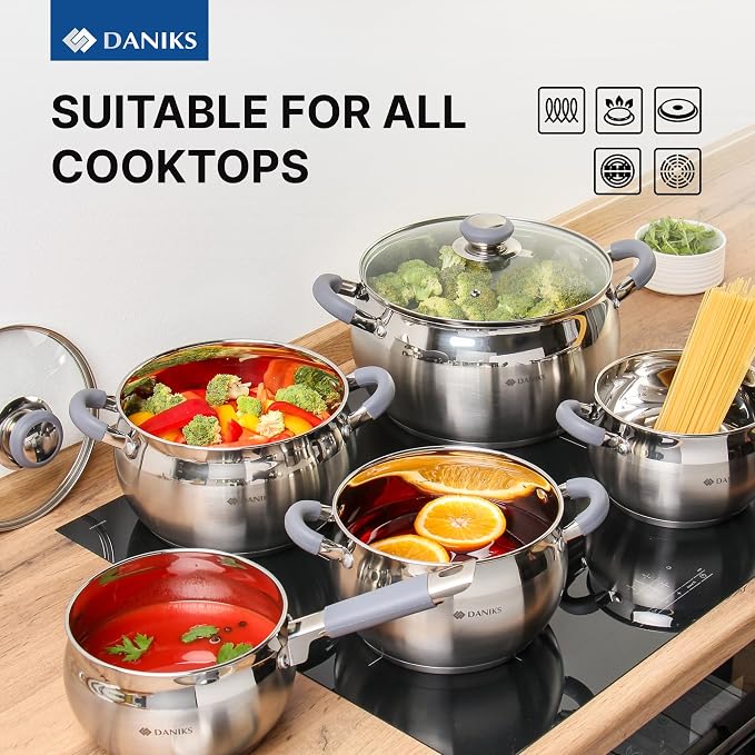 Daniks Modern 11-Piece Stainless Steel Cookware Set with Glass Lids, Includes Saucepan and Frying Pan with Lid, Tri-Ply Bases for Even Heating, Induction Compatible, Dishwasher Safe, Heatproof Handles - Image 8