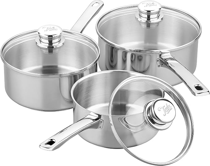 Tala Performance 3 Piece Stainless Steel Cookware Set, Saucepans with Glass lids, 16, 18 20cm. Made in Portugal, Guarantee, Suitable for All hob Types Including Induction Polished Mirror Shine Finish by Tala