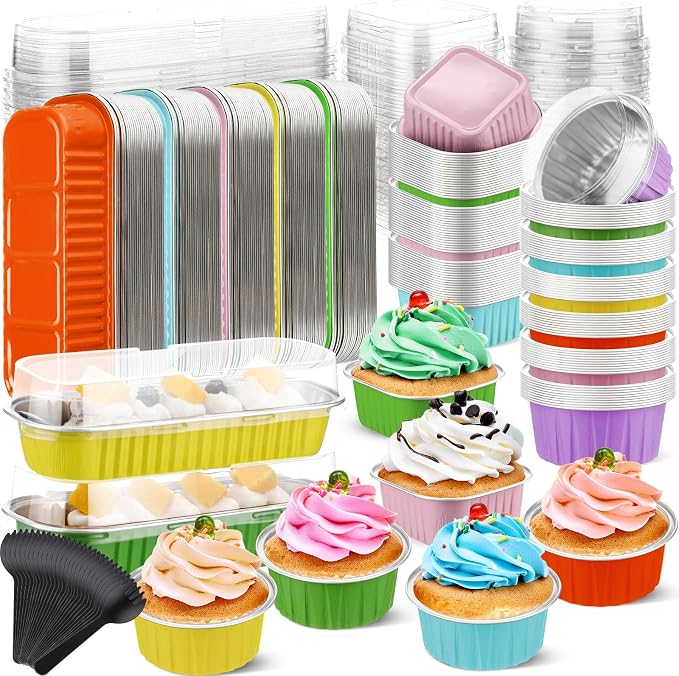 Blushtier 180 Set/360 Pcs Mini Loaf Pans with Lids and Spoons Disposable Mini Cake Pans, 6.8, 5, 4.2 oz Square Rectangle Round Aluminum Foil Cupcake Baking Cups Dessert Liners Tins for Desserts by Blushtier