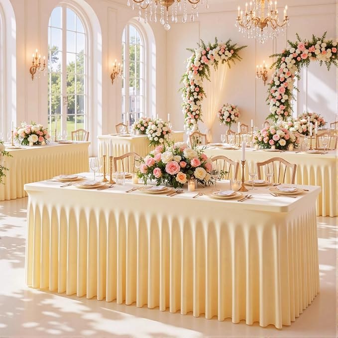 Besutolife 2 Pack Champagne Spandex Tablecloth for 6ft Rectangle Tables Fitted Table Cloth Stretch Table Covers Skirt 6ft Rectangular Tablecloths for Banquet Parties Wedding Decorations - Image 3