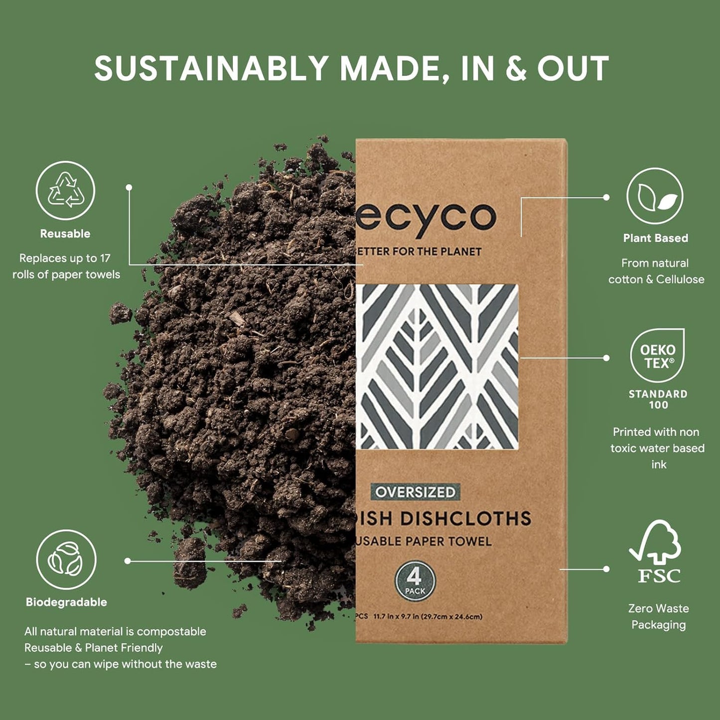 RECYCO Swedish Dishcloths for Kitchen | 4 Pack Oversized Washable Dish Rags | Large Cellulose Reusable Cleaning Paper Towels | Absorbent Counter Dish Cloth Sponge XL Kitchen Wipes, 12" L x 10" W