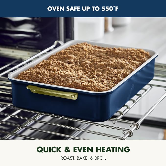 GreenPan Bakeware 13” x 9” Rectangular Cake Pan, Ceramic Nonstick Baking Pan, PFAS & BPA Free, Gold Handles, Durable Steel, Freezer to Oven Dish, Scratch Resistant, Bake & Roast Ovenware, Oxford Blue - Image 6