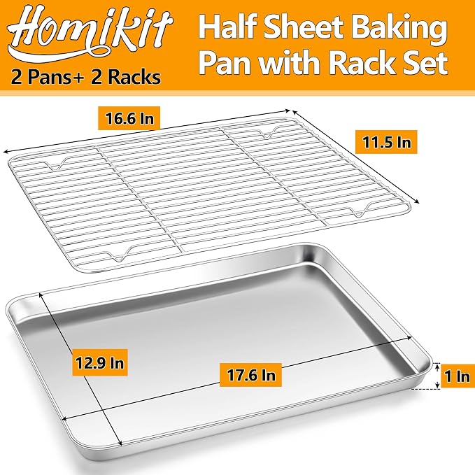 Homikit Baking Half Sheet with Wire Cooling Rack Set (2 Pans+2 Racks) | 18x13 Inch Stainless Steel Cookie Sheets & Cooling Racks, Large Metal Bacon Crisp Trays, Oven & Dishwasher Safe, Non Toxic - Image 2