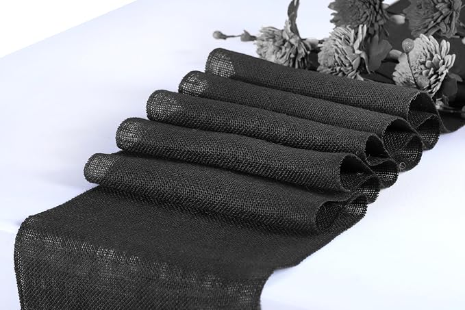 MDS® Pack of 25 Natural Burlap Table Runner, 12 x 108 Inch, Jute Rustic Farmhouse Boho Table Decor for Wedding Reception, Dining Table, Bridal Shower, Baby Shower & Party Decorations - Black - Image 2