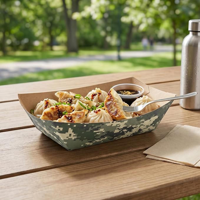 Restaurantware-Bio Tek 1 Pound Food Trays, 200 Disposable Paper Food Trays - Heavy-Duty, Greaseproof, Camouflage Paper Food Boats, For Snacks, Appetizers, Or Treats, Use At Parties Or Carnivals - Image 3