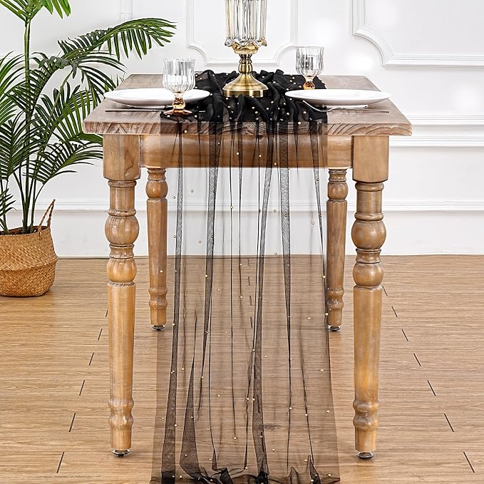 Gauze Pearl Tulle Table Runner Fabric Black 10ft Christmas Veil Chiffon - Image 7