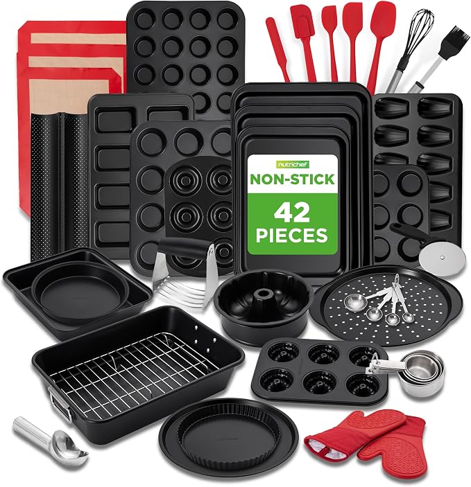 NutriChef 42 Pc Bakeware Set Nonstick, Carbon Steel Baking Pans w/Utensils | Complete Baking Set, Includes Muffin Pan, Loaf Pan, Cake Pan, & Baking Tools, Stackable, Oven Safe upto 446°F, Warp Resistant by NutriChef%E2%84%A2Kitchen