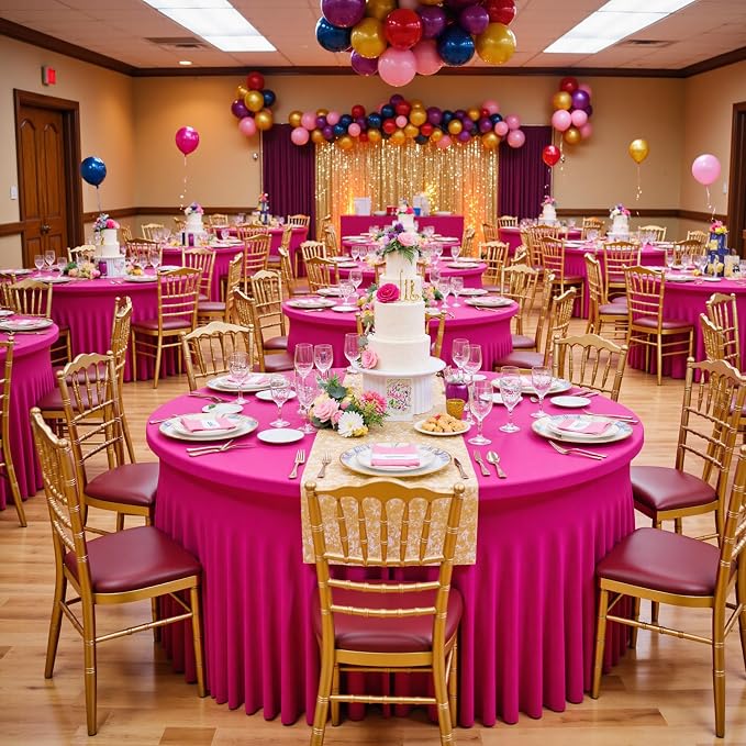 6 Pack Hot Pink Spandex Round Tablecloths for 60 inch Table, Stretchy 120inch Fitted 5FT Fuchsia Round Table Cloths, Wrinkle Free Table Cover with Skirt for Wedding Party Dining Banquet - Image 6