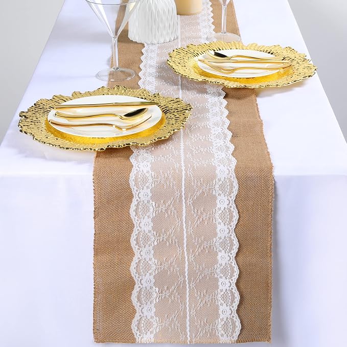 Chumia 12 Pack Burlap Table Runners with Lace 12 x 72 in, Elegant Style - Image 4