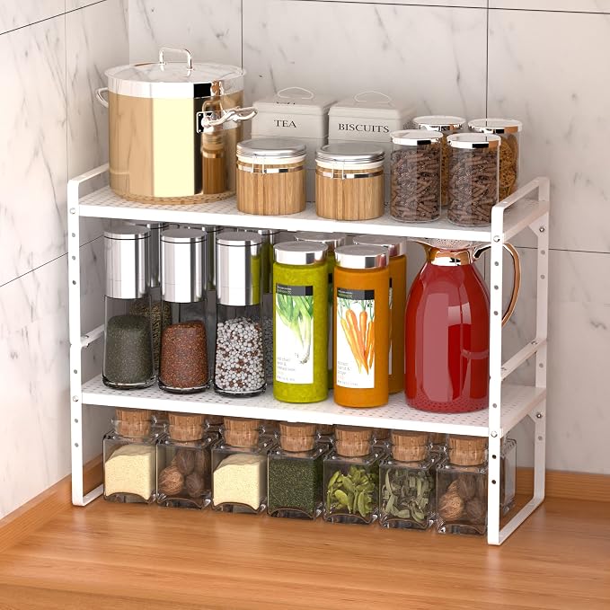 Redrubbit Expandable Cabinet Storage Shelf, Adjustable Height Steel Metal Kitchen Counter Organizers Shelves Spice Rack for Kitchen Pantry Bathroom Cupboard Desk Home Office, White-1 Pack - Image 4