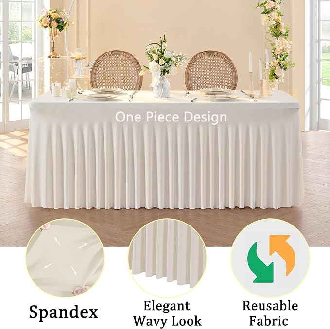 6pk Ivory Spandex Tablecloths for 6 Foot Rectangle Tables, Stretch Table Cloths 6 ft Fitted Tablecover Desk Skirt for Parties Weddings Birthday Banquet Baby Shower - Image 3