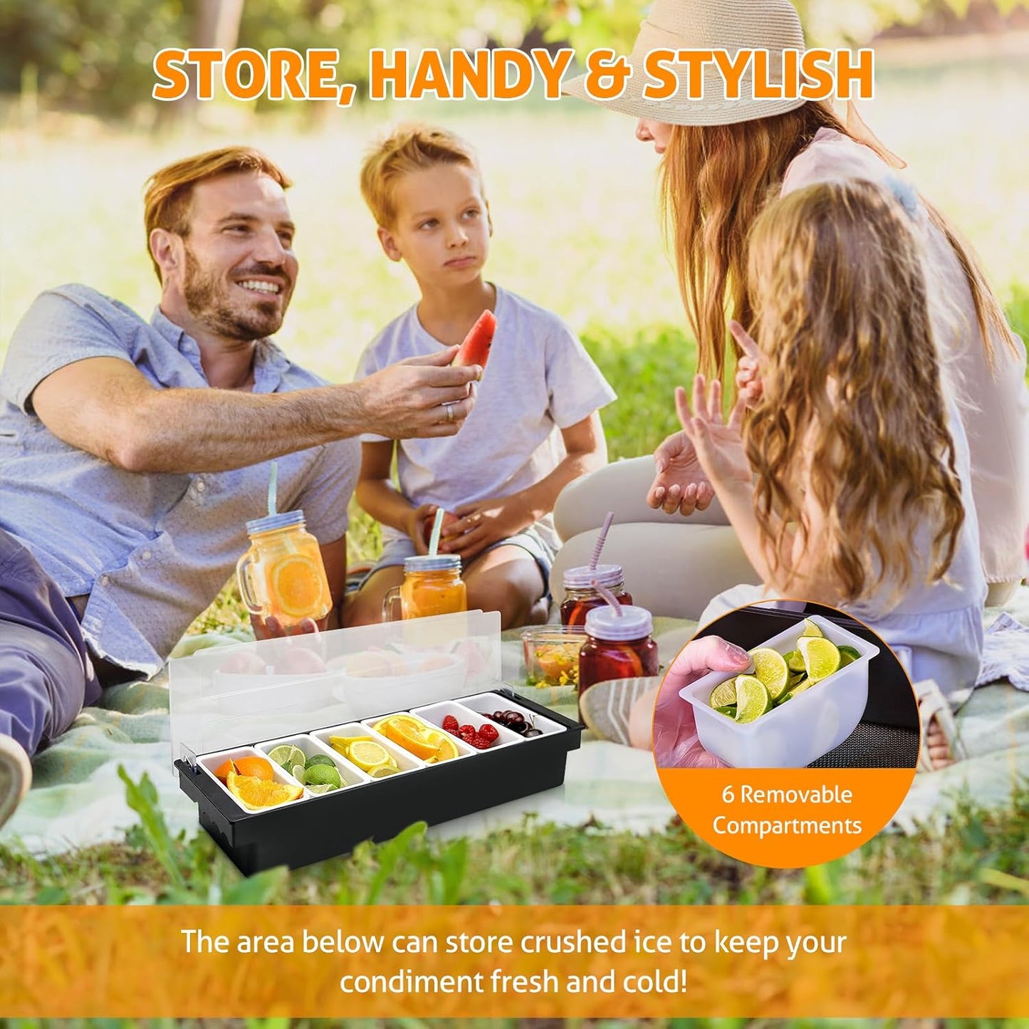 WICHEMI Fruit, Veggie & Condiment Caddy with Lid Dispenser Tray Garnish Station for Bartending & Serving Taco, Ice Cream, Salad Bar - Topping Organizer for Restaurant Supplies (6 Compartment, 2 Pack)