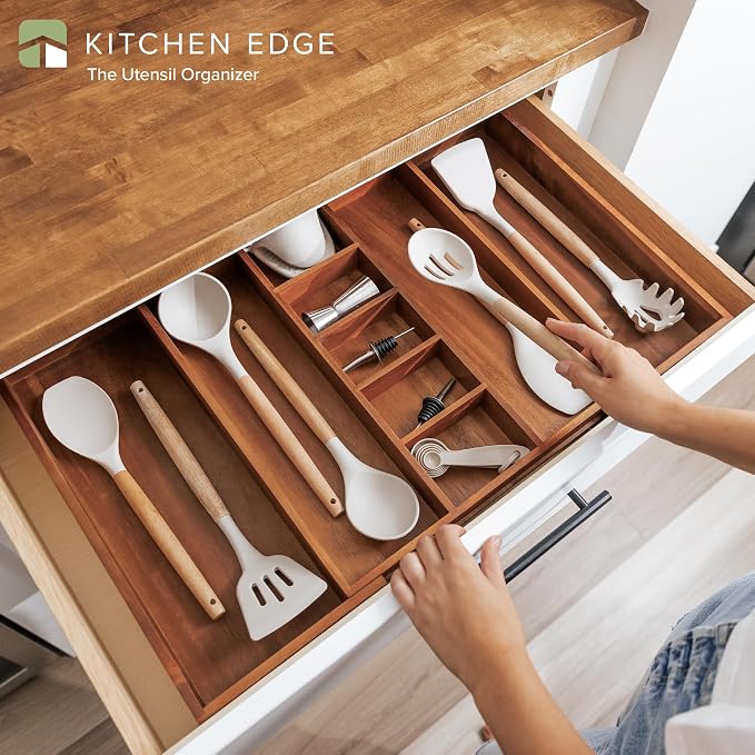 KitchenEdge Utensil & Junk Drawer Organizer, 16-28 in, Acacia | Food-safe contract grade, 100% sustainable wood, non-slip, adjustable - Image 2