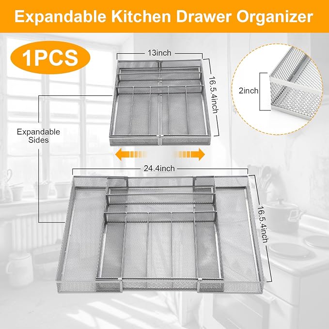 1 Pcs Utensil Drawer Silverware Organizer, Metal Mesh Expandable 13" ~24" Kitchen Drawer Organizer, 7-9 Slots Cutlery Tray Dividers for Kitchen Flatware Christmas Housewarming Gift (Sliver) - Image 2