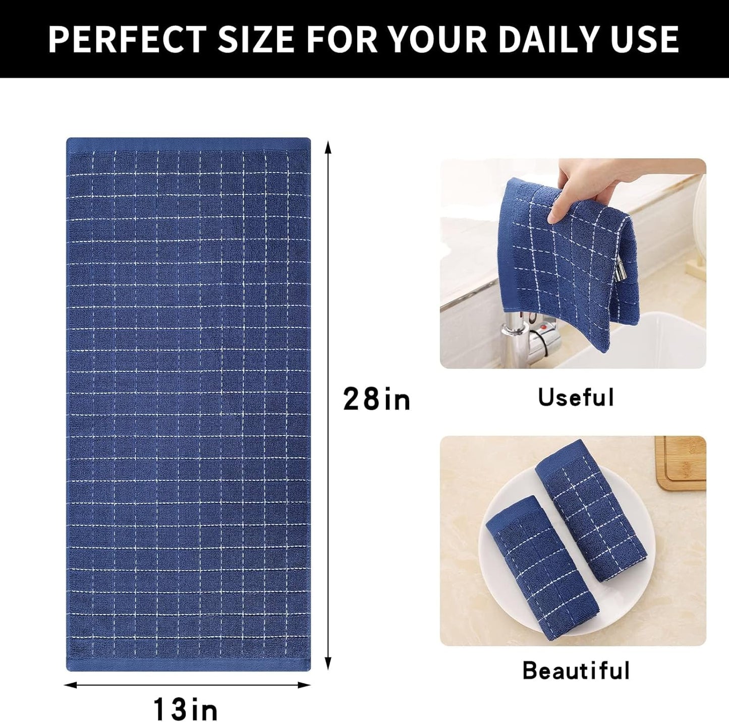 Homaxy 100% Cotton Terry Kitchen Towels(Navy+Grey+Black, 13 x 28 inches), Checkered Designed, Soft and Super Absorbent Dish Towels, 6 Pack