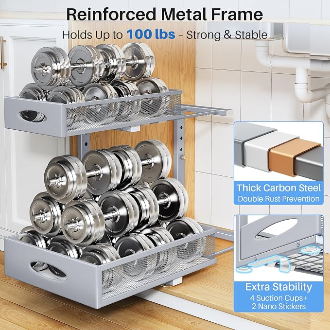 Under Sink Organizer, 2 Tier Pull Out Under Cabinet Organizer Shelf with Pad for Framed Cabinets, Metal Slide Out Under Sink Storage, Mesh Sliding Drawers for Kitchen Bathroom Laundry(Grey, 1 Pack) - Image 7