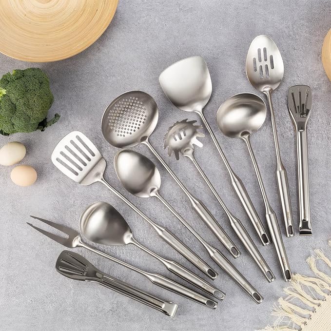 18/10 Stainless Steel Cooking Tools Set - 11PCS All Metal Kitchen Utensils | Round Handle Utensils - 2 Tongs, Fork, Solid Slotted Spoon, Spatula, Soup Ladle, Skimmer, Turner, Spaghetti, Large Spoon - Image 3
