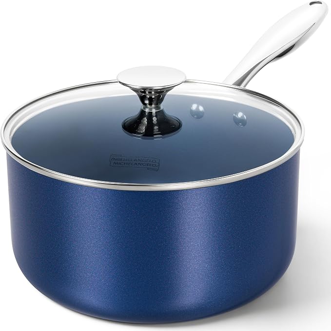 MICHELANGELO 4 Quart Saucepan with Lid, Nonstick Ceramic Sauce Pan with Stainless Steel Handle, 4 Qt Saucepan with Lid Induction Compatible, Oven Safe, Blue by Michelangelo