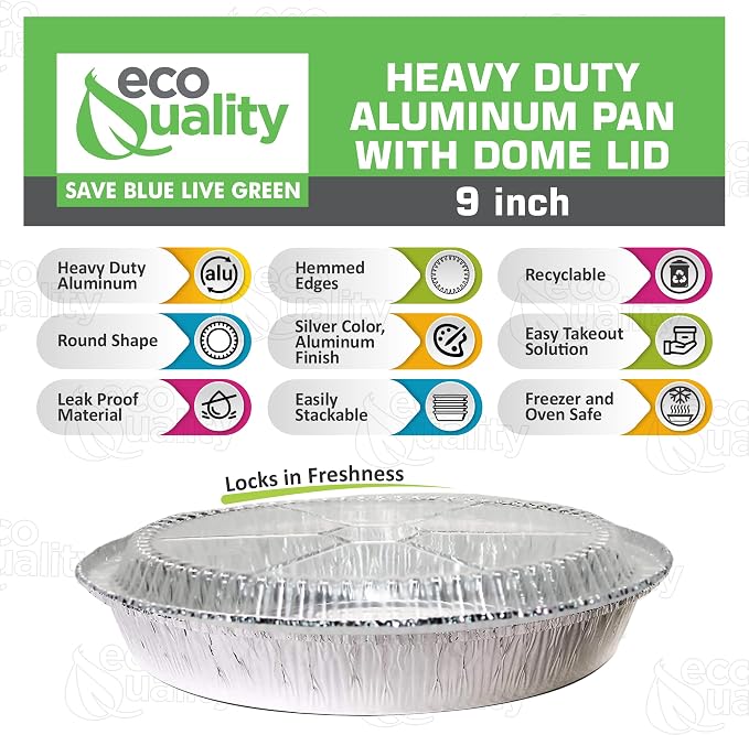 EcoQuality 9" Round Aluminum Foil Pans with Clear Lids - Disposable Containers with Foldable Walls for Pie Baking, Cooking, Serving, Reheating, and Storing - Freezer and Oven Safe Tart Pan 150 Pack - Image 3