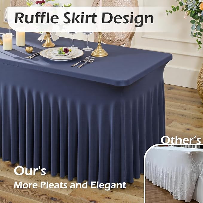 6 pk Navy Blue Spandex Tablecloth 6ft with Ruffled Skirt, Wrinkle Free High Stretch Fitted Tablecloths for 6 Foot Rectangle Tables, Elastic Navy Spandex Table Covers 6 ft for Graduation Wedding Party - Image 2