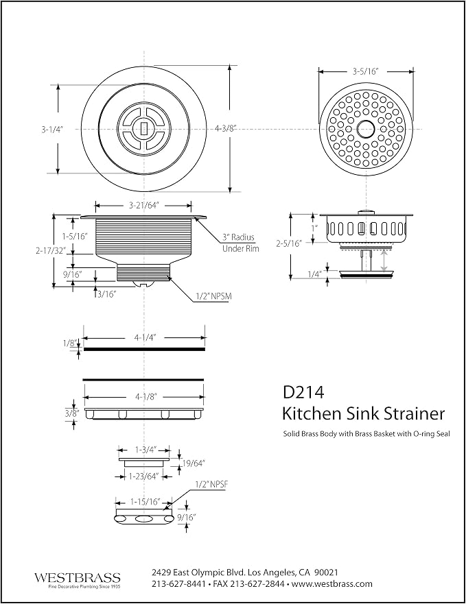 Westbrass D214-05 3-1/2" Post Style Large Kitchen Sink Basket Strainer, Polished Nickel - Image 3