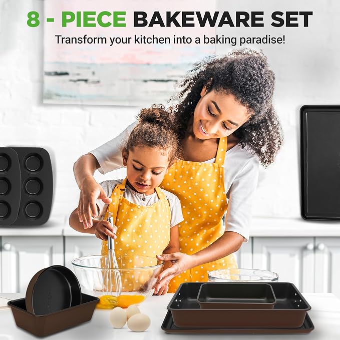 NutriChef 8-Piece Nonstick Stackable Bakeware Set – Non Toxic Carbon Steel Baking Trays W/Cookies Sheet Muffin, Loaf, Cake, Round & Square Pan – Easy To clean & Easy to Release, Oven Safe – Brown - Image 2