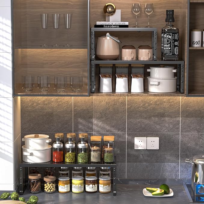 Expandable Adjustable Cabinet Shelf Organizer - Stackable Metal Spice Rack for Kitchen Pantry, Countertop, Cupboard & Bathroom (1Pack/Black,Large) - Image 7