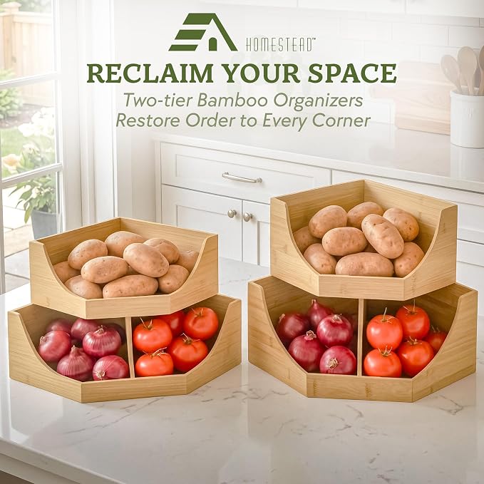 HOMESTEAD Bamboo Corner Storage Bin, 2-Tier Stackable Potato and Onion Storage Bin for Kitchen Counter Corner Shelf, Wooden Produce Storage Pantry Organizer, Fruit & Vegetable Holder, Medium - Image 9