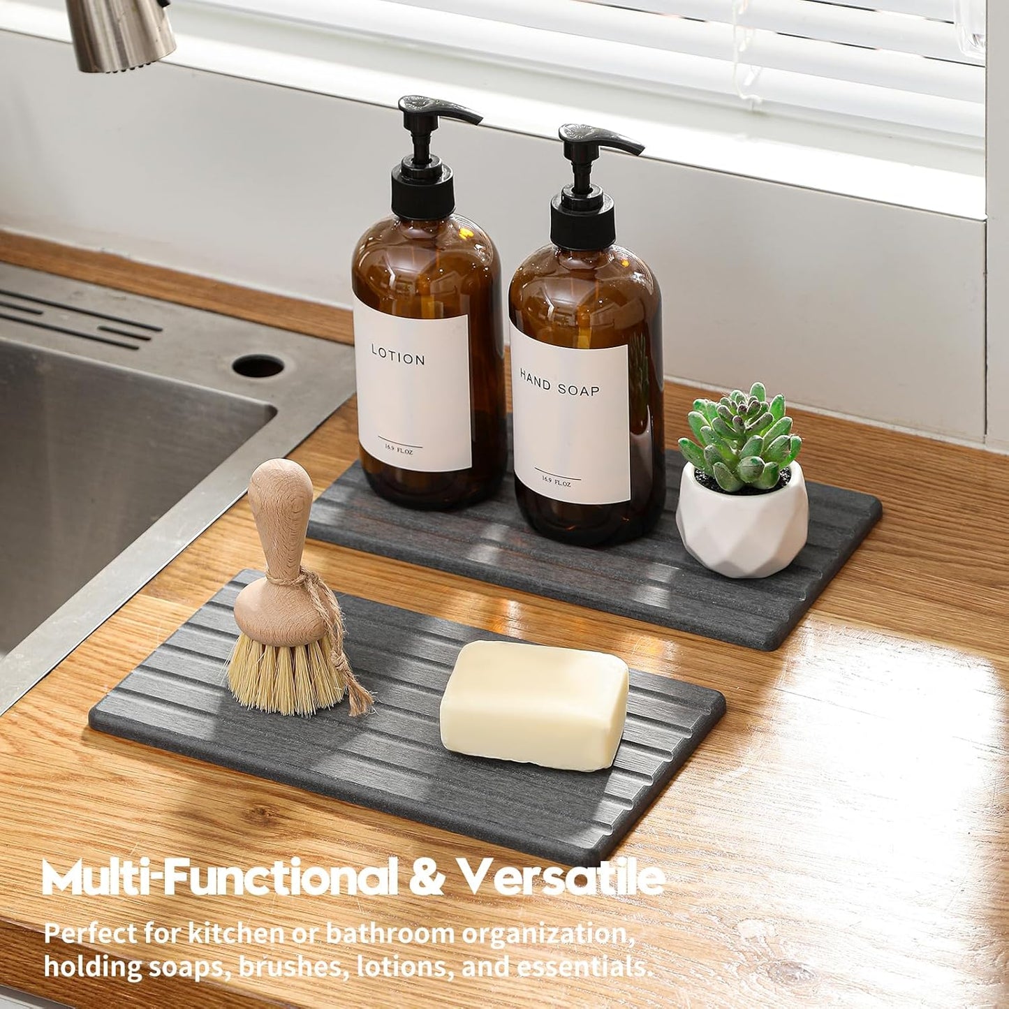 2PCS Water Absorbing Stone Drying Tray Mat for Bathroom Sink & Kitchen Counter Organizer, Quick Dry Dish Soap Dispenser Sponge Holder, Vanity Sink Caddy, Coaster, Dark Gray - 10" x 6"