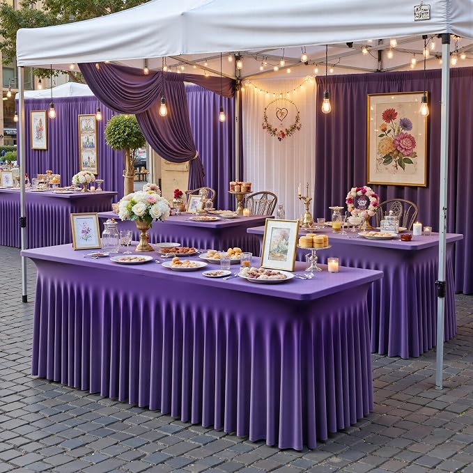 NSSONBEN 2 pk Purple Spandex Tablecloth for 8 Foot Rectangle Tables,Wrinkle Free Fitted Spandex Table Covers 8ft Stretch Table Cloths with Ruffle Skirt for Parties Weddings Banquet Baby Shower - Image 3
